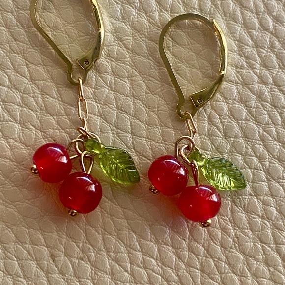 🍒Red Cherry Dangle Earrings with Gold Hooks - Picture 2 of 3